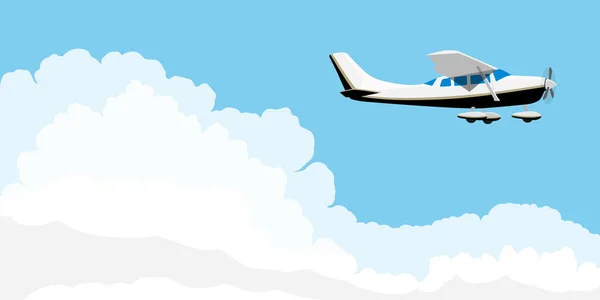 小的单引擎飞机塞斯纳与云彩在蓝天中飞行 — 图库矢量图片