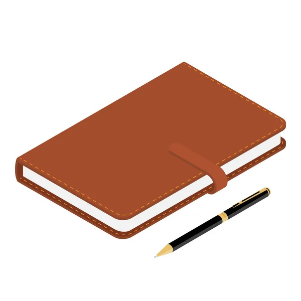 Brown Leather Notebook Notepad Ballpoint Pen Isolated White Background Isometric — Stock Vector