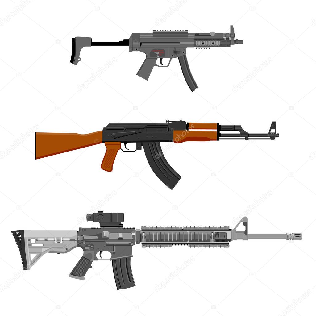 Weapon collection. Vector illustration AK Kalashnikov machine gun, m-16 and mp5 isolated on white background. 