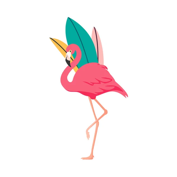 Flamingo Rosa Com Folhas Tropicais Isoladas Sobre Fundo Branco Ilustração — Fotografia de Stock