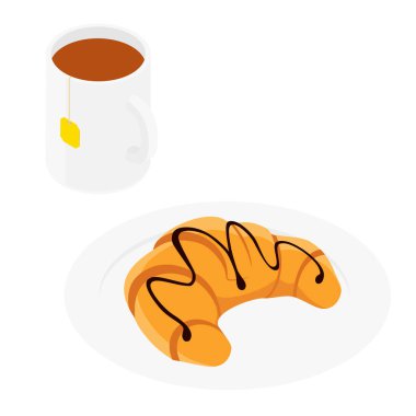 Fransız kahvaltı kruvasanı ve beyaz arka planda izole edilmiş bir fincan sıcak çay. Isome Manzarası. raster