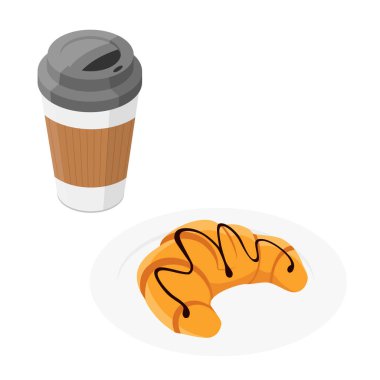 Kağıt kahve fincanı ve kruvasan beyaz arka planda izole edilmiş. Isome Manzarası. raster