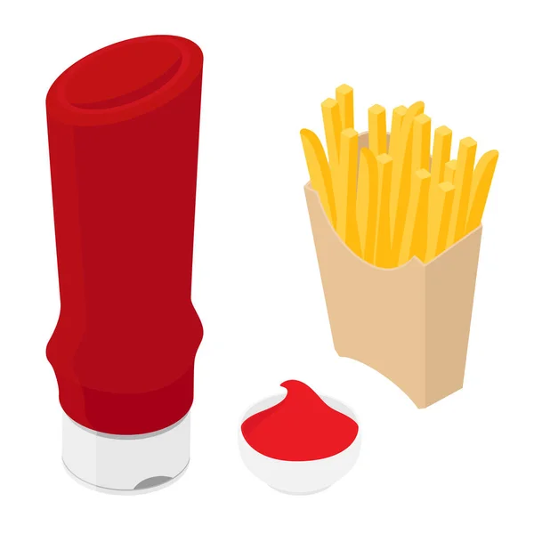 Frites Pommes Terre Frites Bouteille Ketchup Tomate Bol Avec Sauce — Photo