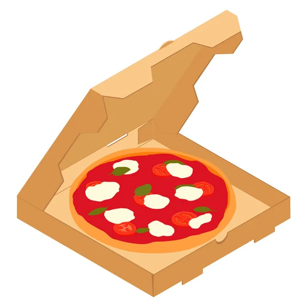 Pizza Margherita Kartonowym Pudełku Restauracji Lub Dostarczania Pizzerii Widok Izometryczny — Zdjęcie stockowe