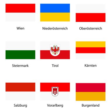 Vektör Icon set, bayrakları toplama Avusturya federal devletler. Burgenland, Vorarlberg, Salzburg, Tyrol, Carinthia, Styria, alt ve üst Avusturya.