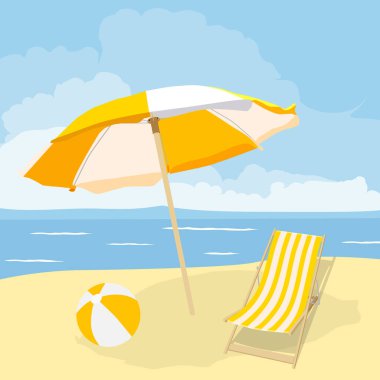 Güzel sahil. Deniz kenarındaki kumlu sahilde şemsiyeli ve toplu sandalye. Yaz tatili ve turizm için tatil konsepti. İlham verici tropikal manzara. Vektör