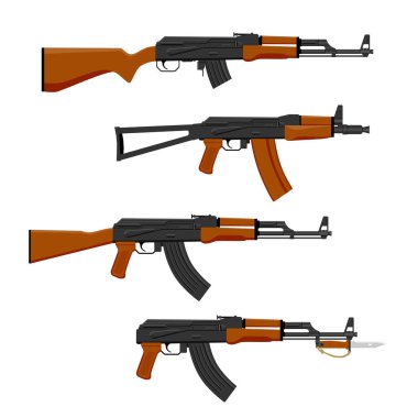 Silah koleksiyonu. Beyaz zemin üzerinde izole edilmiş vektör illüstrasyon AK Kalaşnikov makineli tüfek türleri. AK, AKM, AKS