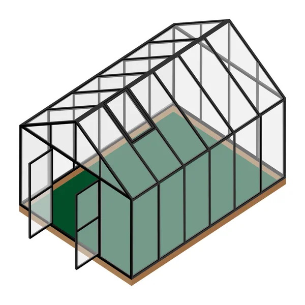 開いたドアと白い背景に隔離された閉じた窓のアイソメトリックビューを持つ空の温室 ガラスの家 — ストックベクタ