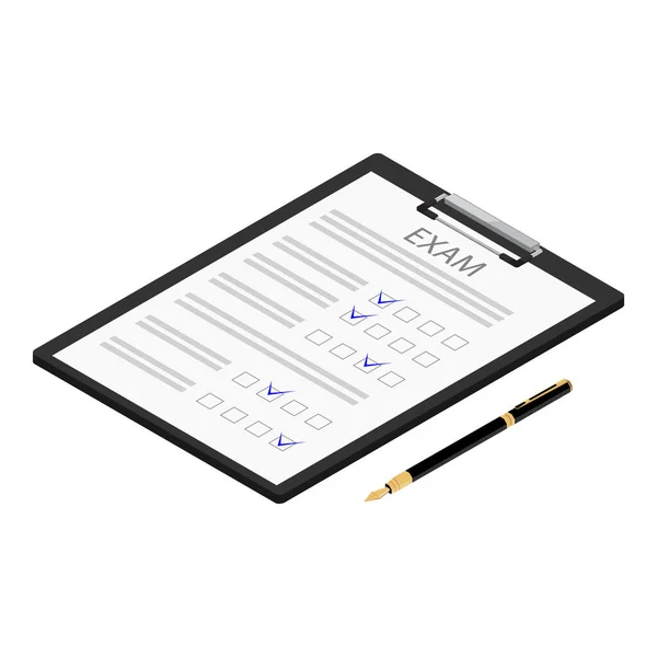 Examenblad Pen Geïsoleerd Witte Achtergrond Isometrische Weergave Vector — Stockvector