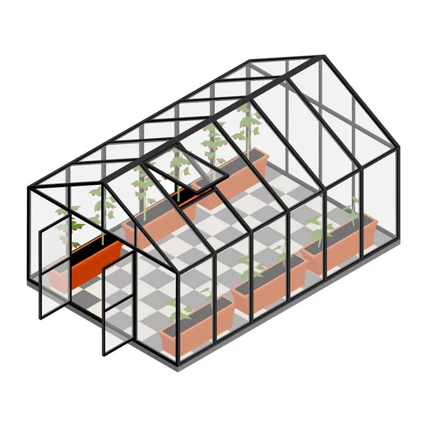 Gewächshaus Auf Einem Bio Bauernhof Tomatenanbau Isometrische Ansicht Glashaus — Stockvektor