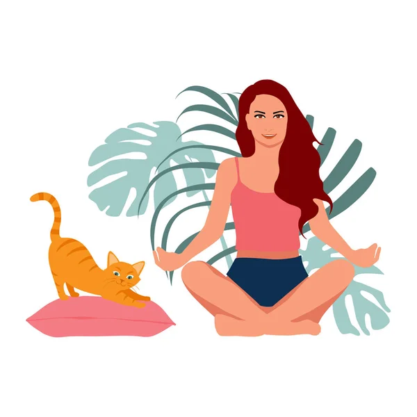 Mulher Meditando Gato Gengibre Bonito Deitado Travesseiro Ilustração Conceito Para —  Vetores de Stock