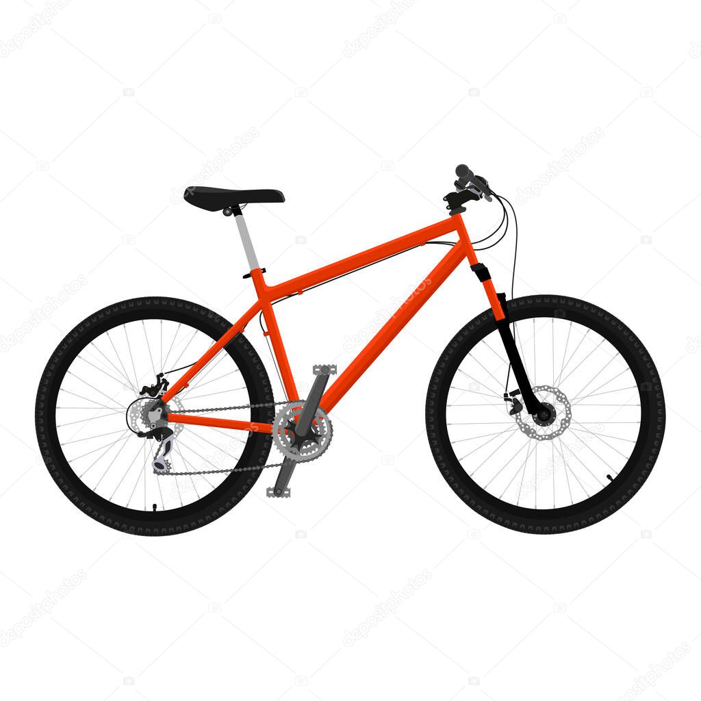 Orange mountainbike bicycle with thick offroad tyres. Cycling sport transport concept isolated on white background. Vector