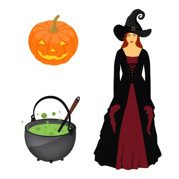 Colección Halloween Bruja Calabaza Hervidor Agua Vector — Archivo Imágenes Vectoriales