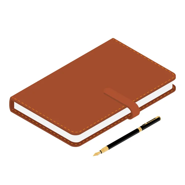 棕色皮革笔记本 笔记本和钢笔 白色背景 等距视图隔离 — 图库矢量图片