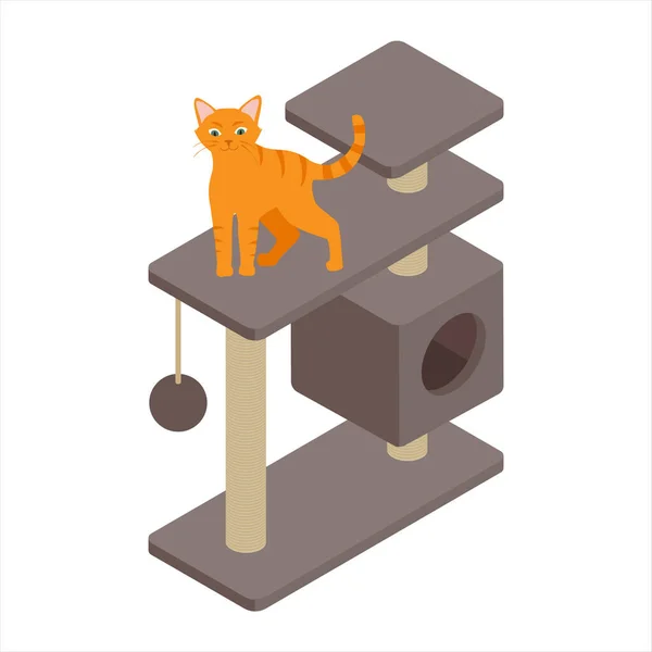 Cute Ginger Cat Playing Tree Home Isolated White Background Isometric — Stock Vector