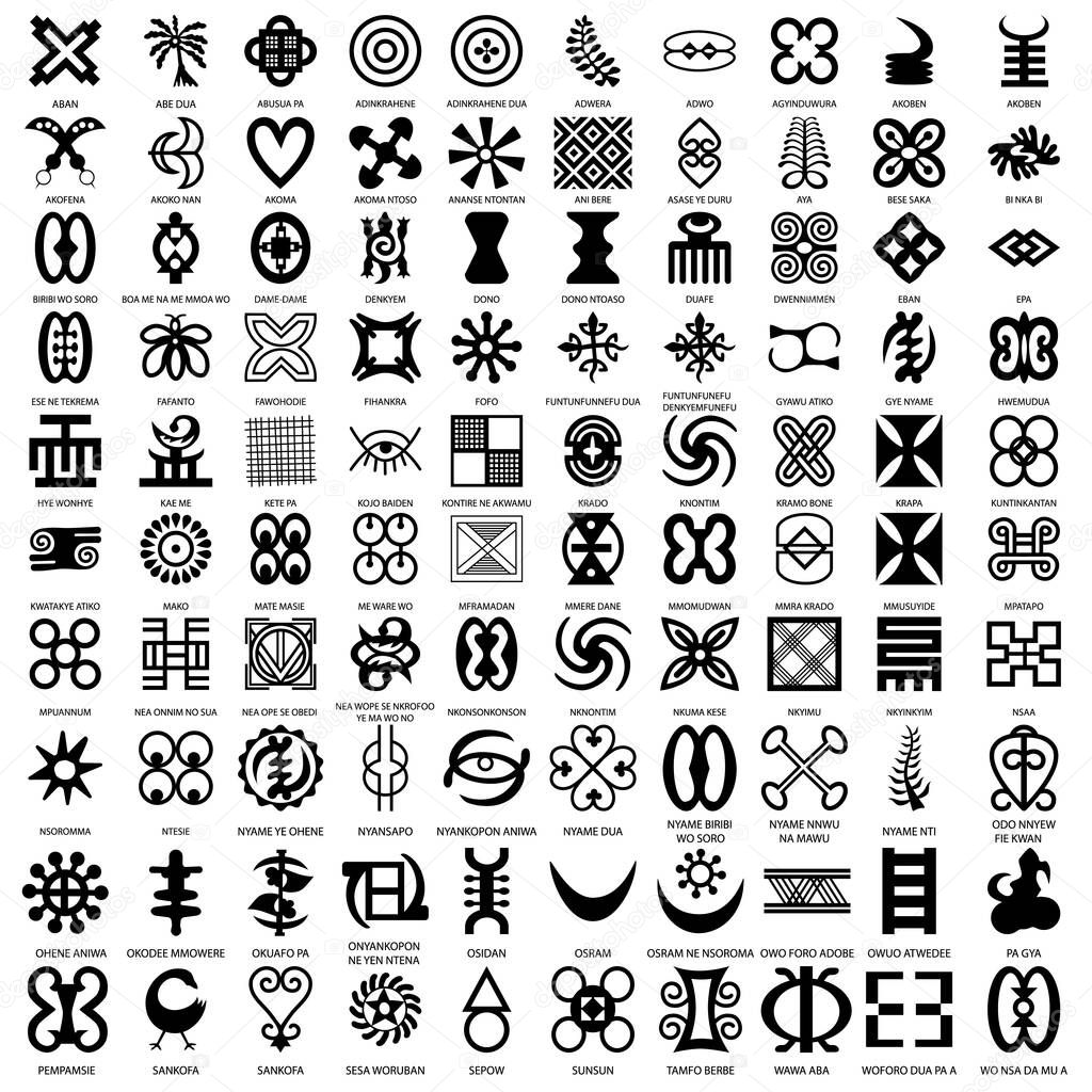 African symbols adinkra for fabric, logo isolated on white background. Vector