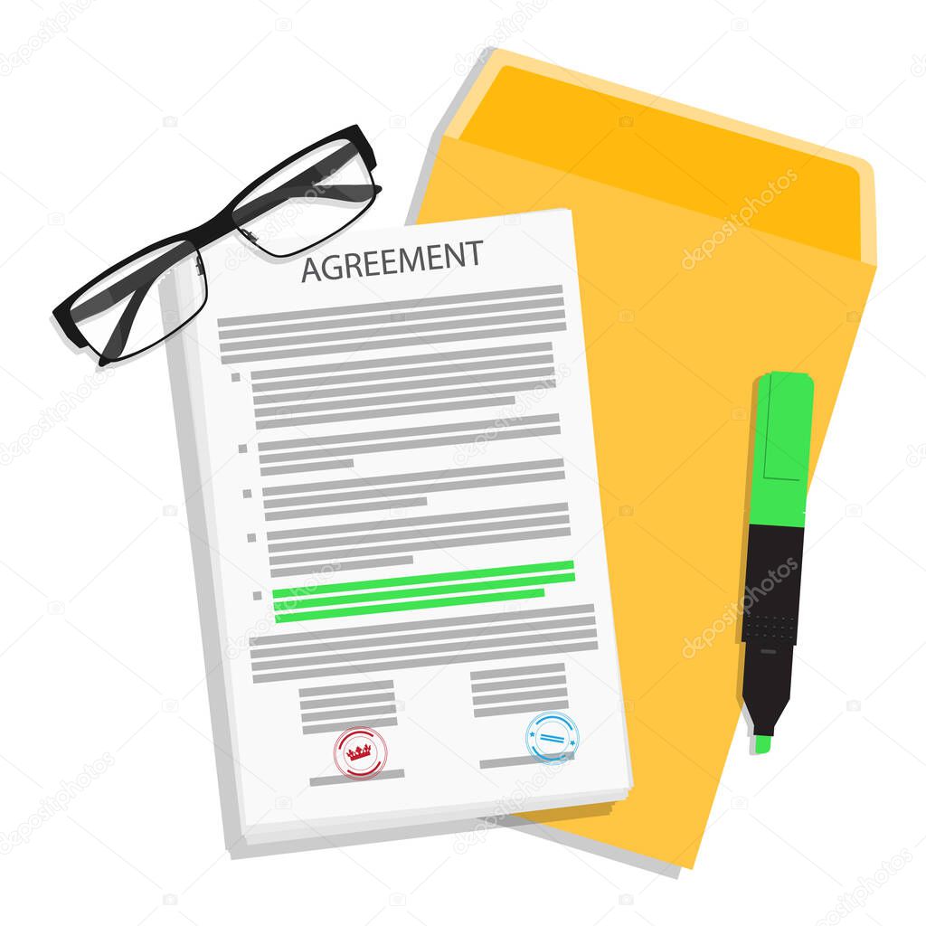 Contract agreement, folder, marker highlighter and glasses. Partnership signing document concept. Vector illustration