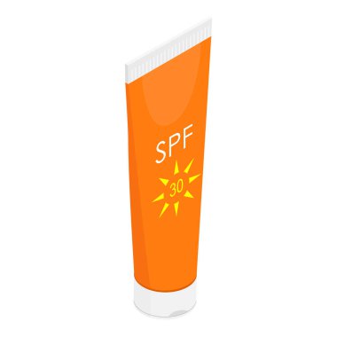 Turuncu güneş kremi ve beyaz arka planda izole edilmiş SPF tüpü tasarımı. Isome Manzarası. raster