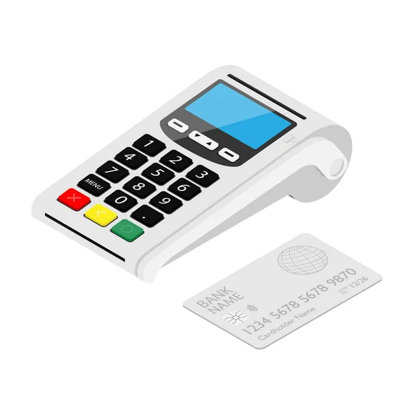 Нова смарт-платіжна машина POS терміналу з банківською кредитною карткою ізольована на білому тлі. Банк платіжний термінал. Обробка платіжного пристрою. Ізометричний вигляд — стокове фото