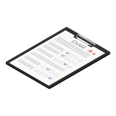 A + notu olan sınav kağıdı beyaz arka planda izole edilmiş, izometrik görünüm. raster