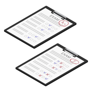 Sınav kağıdında A artı F notu, beyaz arka planda izole kalem, izometrik görünüm. raster