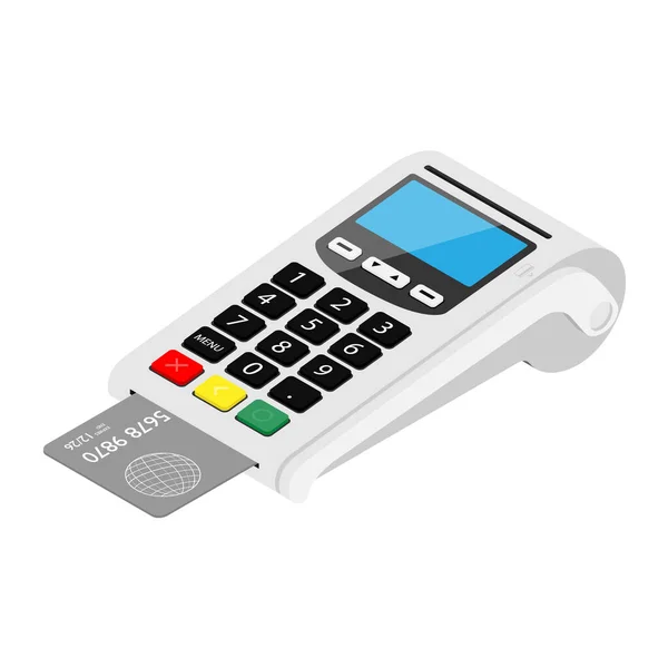 终端支付机和银行信用卡在白色背景下隔离 银行付款终端 处理Nfc支付装置 等距视图 — 图库照片
