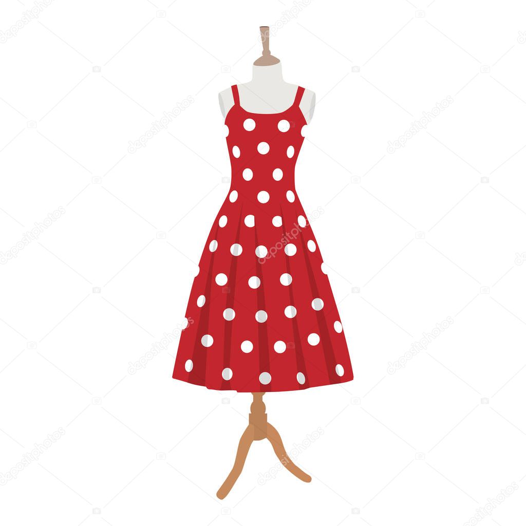 Red dress with polka dots. Female mannequin in red dress. Girl's custom made prom dress. Last summer dress in stock. raster