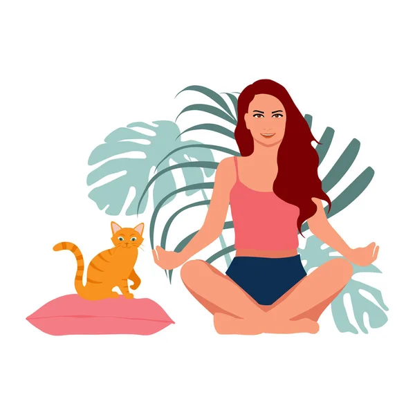 Mulher Meditando Gato Gengibre Bonito Deitado Travesseiro Ilustração Conceito Para — Fotografia de Stock