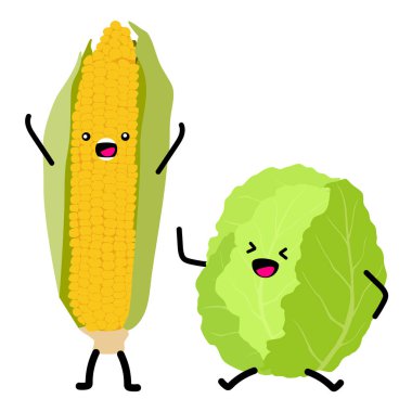 Çocuklar için sebzeler. Tatlı sebze karakterleri, sağlıklı çizgi film kawaii. raster, beyaz arkaplanda izole