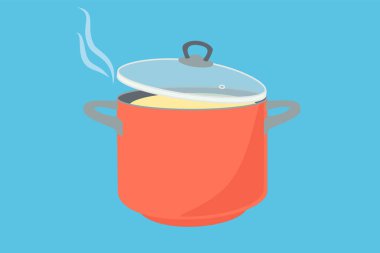 Ot pişiriyorum. Tencerede kaynamış su. Raster Illustrasyon mutfak aşçısı için