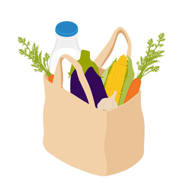 Reusable eco bag with food isolated on white background. Zero waste concept. raster