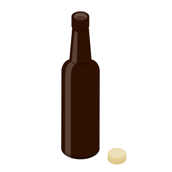 Ανοιγμένο γυάλινο μπουκάλι μπύρα απομονωμένο και καπάκι σε λευκό φόντο — Φωτογραφία Αρχείου