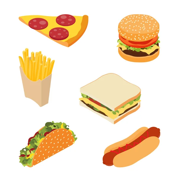 Set de comida rápida: papas fritas, hot dog, sándwich, hamburguesa o hamburguesa con queso, rebanada de pizza y taco tradicional mexicano de comida rápida —  Fotos de Stock