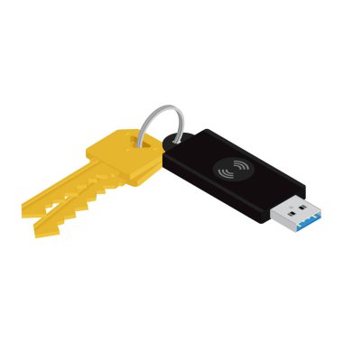 Beyaz arkaplanda USB flash belleği olan anahtarlar. raster. İzometrik görünüm