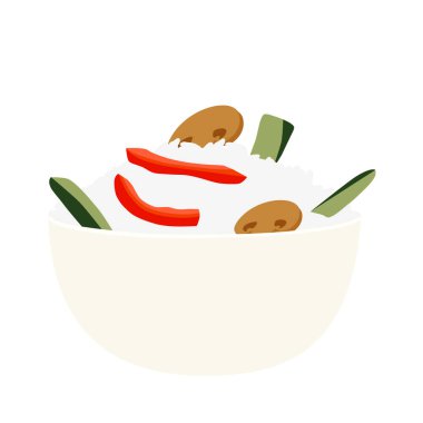 Sebzeli pilav ve mantarlar beyaz arka planda izole edilmiş. Vektör