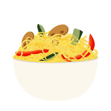 Beyaz arka planda izole edilmiş sebzeli ve mantarlı erişte kasesi. Vektör