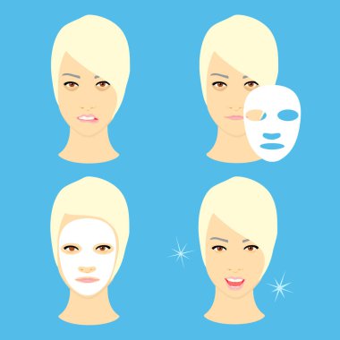 Yüz maskesi takmak için adımlar. Güzellik moda kızı yüz maskesi tak. Vektör