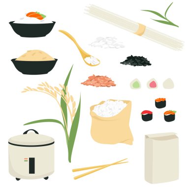 Pirinç vektör simgesi ayarlandı. Pirinç ürünleri koleksiyonu: erişte, suşi, mochi pilav pişirme makinesi, un. Pirinç çeşitliliği, bitki ekimi ve izole edilmiş ürünler