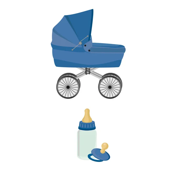 Blue baby carriage, bottle and pacifier — Stock Vector