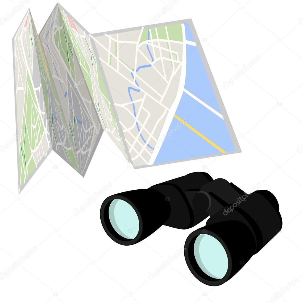 Road map and binoculars