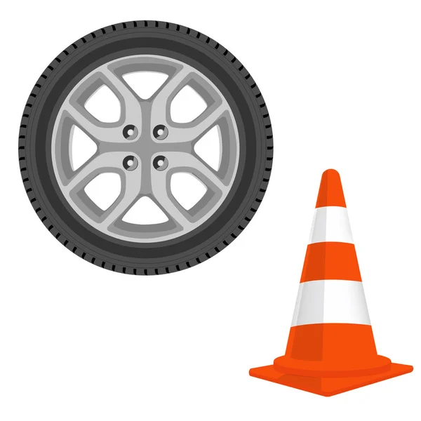 Traffic cone and car wheel — Stock Vector