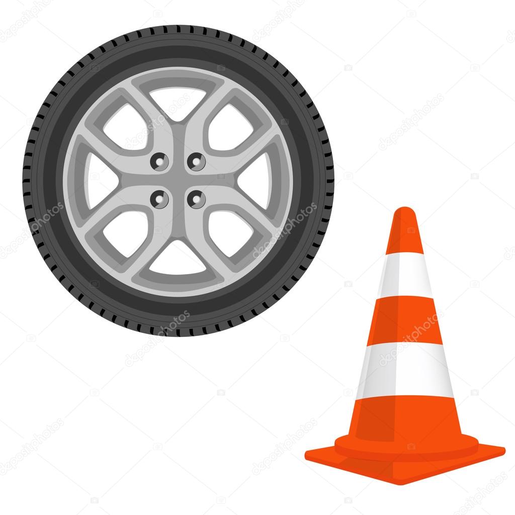 Traffic cone and car wheel