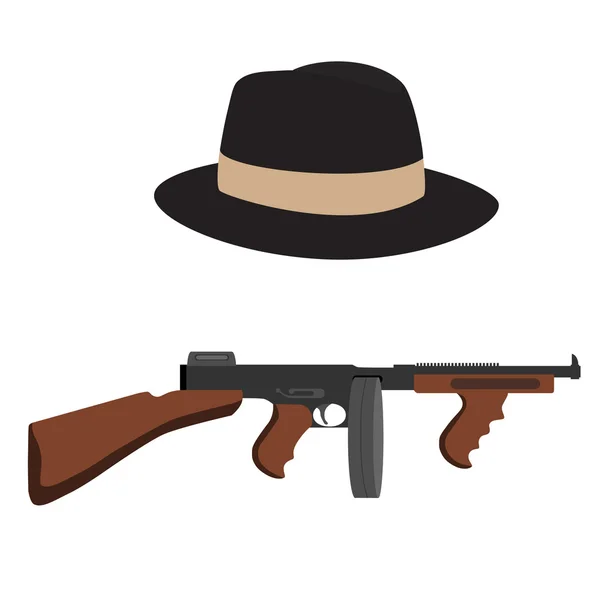Tommy gun and fedora hat — Stock Vector