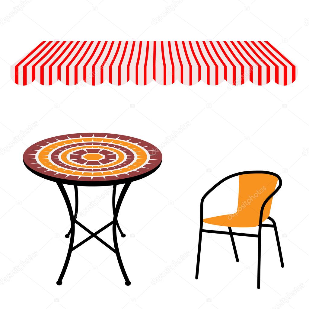 Table, chair and awning