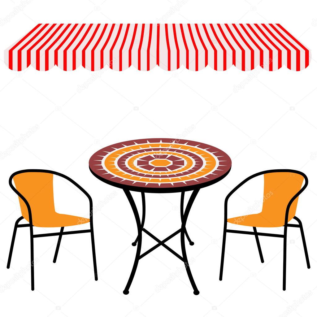 Table, chairs and awning