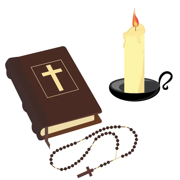 Biblia, rózsafüzért gyöngyök és gyertya — Stock Vector