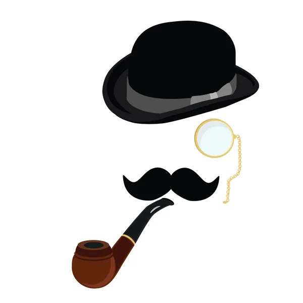 Bowler hat, smoking pipe,mustache and monocle — Stock Vector