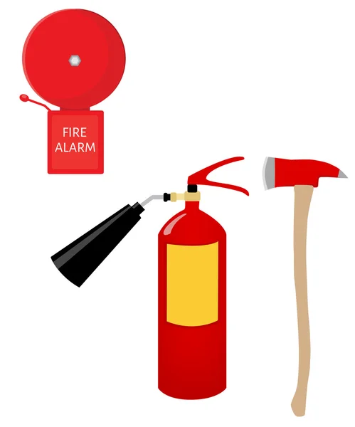 Fire extinguisher, alarm bell and axe — Stock Vector