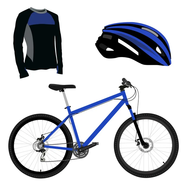 Bicicleta azul, casco y camisa — Vector de stock