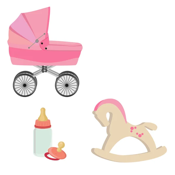 Baby perambulator, bottle, nipple and rocking horse — Stock Vector